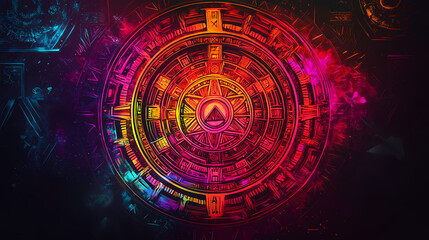 A trippy psychedelic aztec calendar with bright colors and a dark background. Aztec Calendar. Illustration