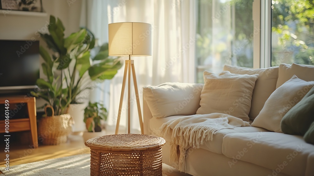 Aufkleber side view of cozy living room with sofa floor standing light lamp home decor on coffee table and com