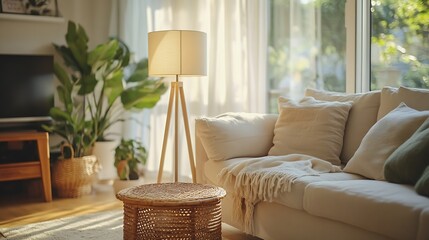 Side view of cozy living room with sofa floor standing light lamp home decor on coffee table and comfort rattan chair against window Modern apartment with neutral and stylish interior  : Generative AI