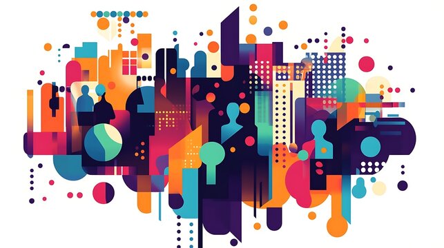 Colorful abstract city illustration with people silhouettes and geometric shapes.