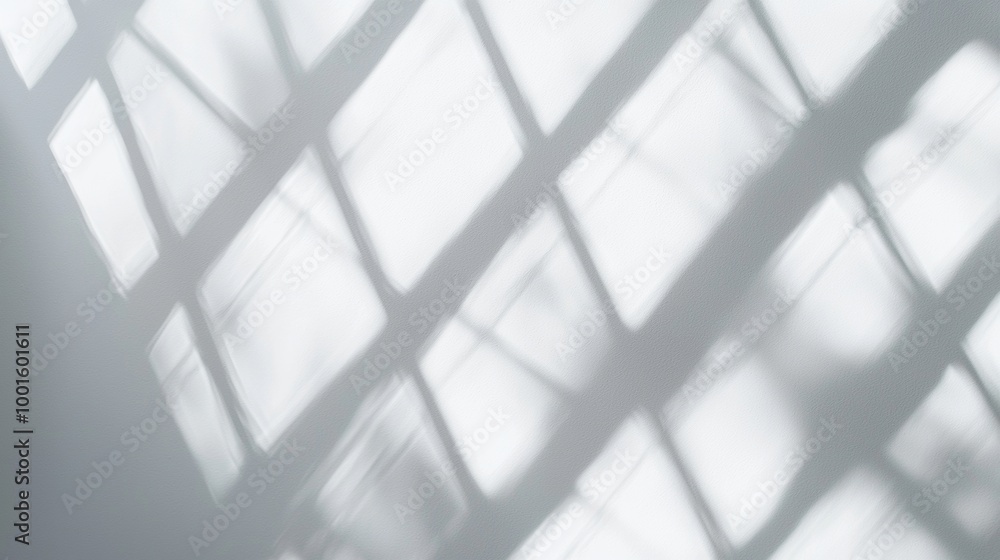 Poster blurred geometric shapes from window light are being projected onto a minimal white wall, creating a