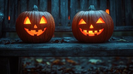 Obraz premium evil jack o' lanterns with glowing eyes sitting on a wooden bench on a creepy halloween night creating a haunted and spooky scene perfect for halloween decoration under the dark moonlight