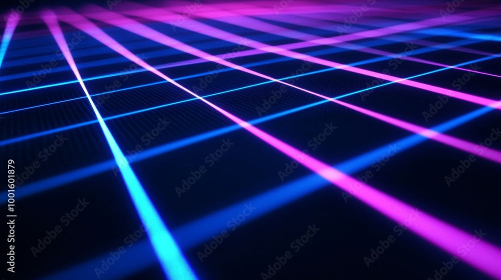 Poster abstract background with a futuristic neon grid glowing in blue and purple lights, creating a dynami
