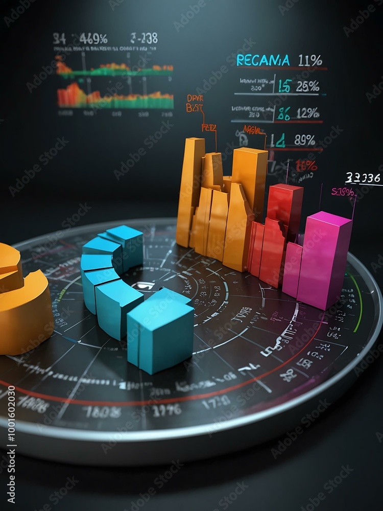 Poster high-tech 3d pie chart rotating to show financial metrics.
