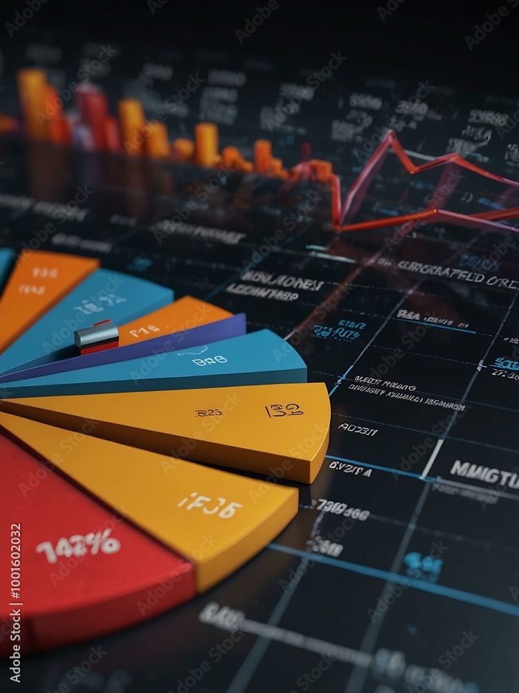 Poster high-tech 3d pie chart rotating to show financial metrics.