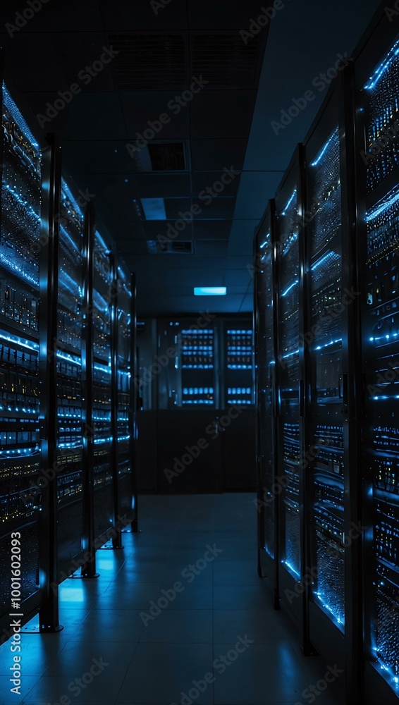 Poster high-tech data center with server racks and blue lights.