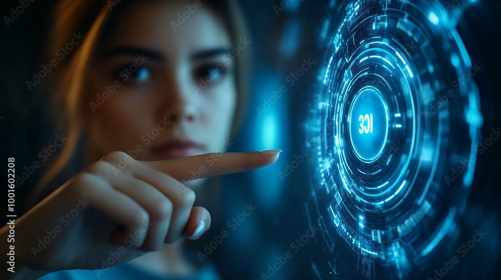 Aufkleber Studio press and woman with finger on choice with technology button or password access on app Hand biometric security system and vote selection decision or user experience on blue back : Generative AI