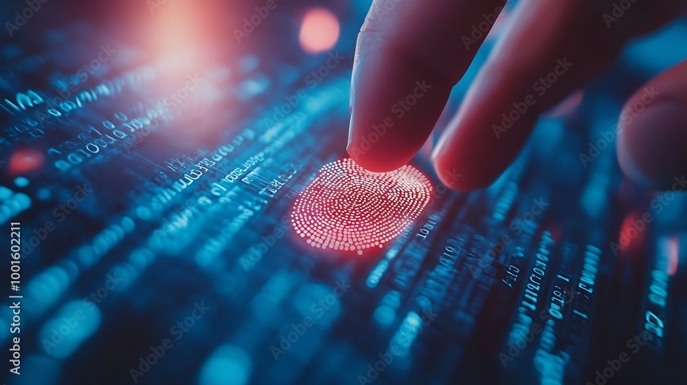 Poster innovative technology to combat digital cybercrime businessman uses fingerprint to access personal f