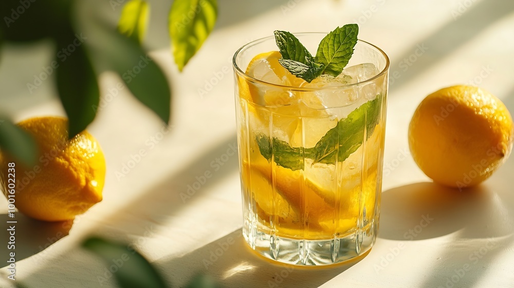 Poster Iced drink with lemon mint in a glass on a on a light background with shadow and citrus fruits The concept of a cold tea or lemonade on a hot summer day Front view : Generative AI