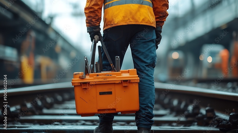 Aufkleber back technician or engineer holding tool box for fixing the train at construction site : generative 