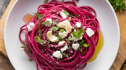 Pink spiralized beet pasta with vegan feta cheese and herbs