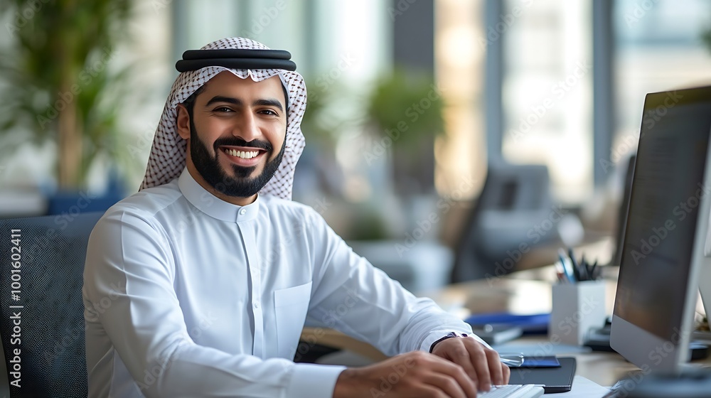Leinwandbilder smiling young middle eastern businessman sitting at worktable at modern office typing on computer ke