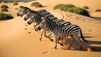This striking image captures a group of zebras moving gracefully across a vast sandy dune, their black-and-white stripes creating a bold contrast against the golden desert sands.