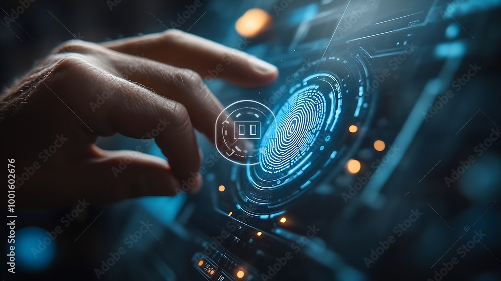 Aufkleber businessman scan fingerprint biometric identity and approval concept of the future of security and password control through fingerprints in an immersive technology future and cyberneti : Generative AI