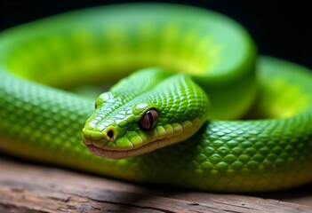 Fototapeta premium Green Serpent Dangerous Wildlife Boa or Viper Poised in the Wild