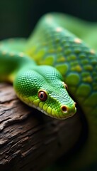 Obraz premium Coiled Green Python A Wild Snake Resting on a Branch in Nature