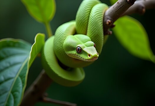 Coiled Green Python A Wild Snake Resting on a Branch in Nature