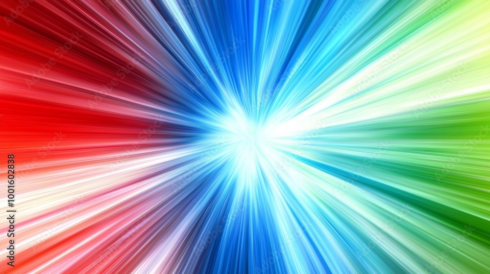 Poster vibrant abstract background with bright multicolored rays of light bursting from a central white spo