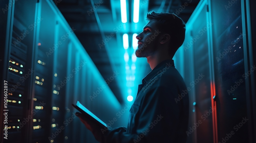 Poster Man tablet and server room programming or coding for cybersecurity information technology and data protection backup Happy engineering person on digital software and hardware solution  : Generative AI