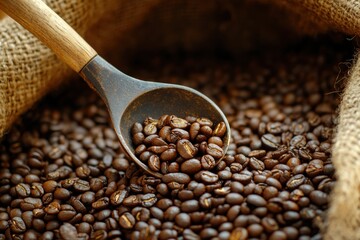 Hand holding a ladle scooping up roasted coffee beans from a pile of beans in burlap sack. Freshly roasted aromatic strong dark brown coffee beans.This photo is available with smoke.