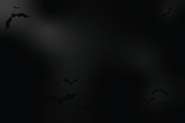 Halloween banner, poster with bats on black background. Vector illustration of template for text. Halloween background with a swarm of bats on a black background. Pattern, Halloween bat background.
