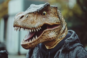 Obraz premium A man in a dinosaur costume is waving his hand, generative ai image