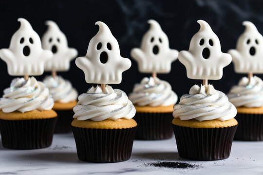 A cupcake for halloween in the form of a ghost. AI generated