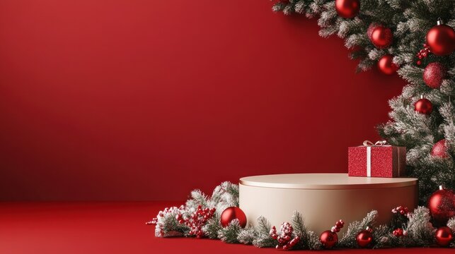 Empty round podium among Christmas decorations on red background