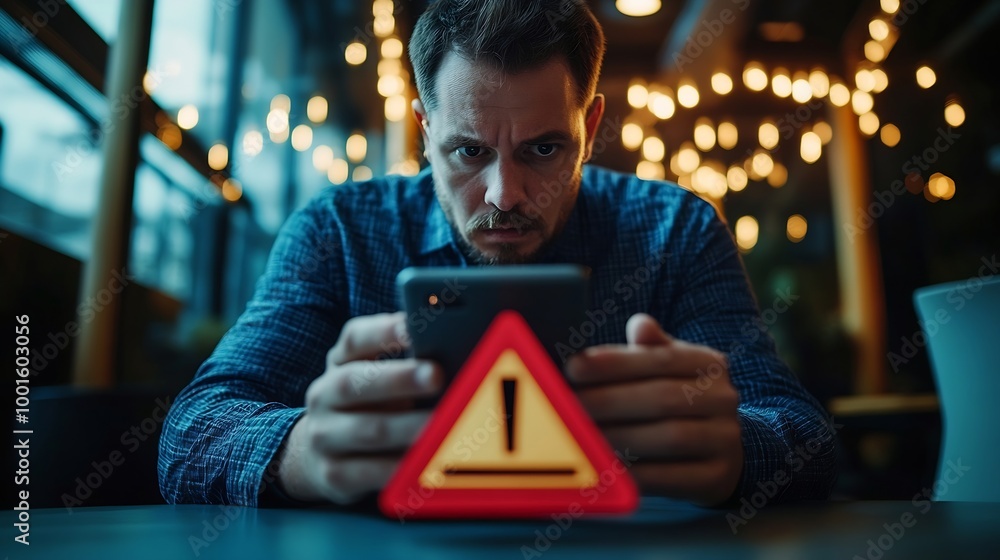 Aufkleber Business man using smartphone and computer that show warning sign after got attack phishing email by malware from hacker that commit cyber crime or software crash to cause an error : Generative AI