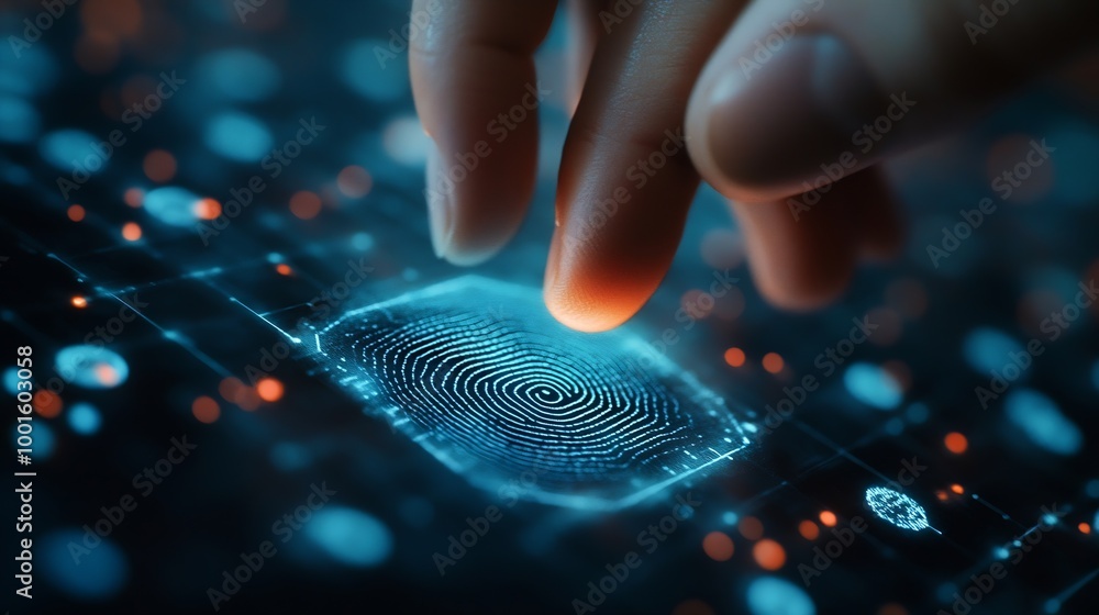 Poster Businessman and fingerprint scanning unlock and access to business data network Cloud Biometric identification and cyber security protect business transaction from online digital cyber : Generative AI