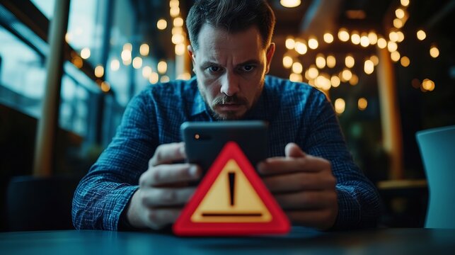 Business man using smartphone and computer that show warning sign after got attack phishing email by malware from hacker that commit cyber crime or software crash to cause an error : Generative AI