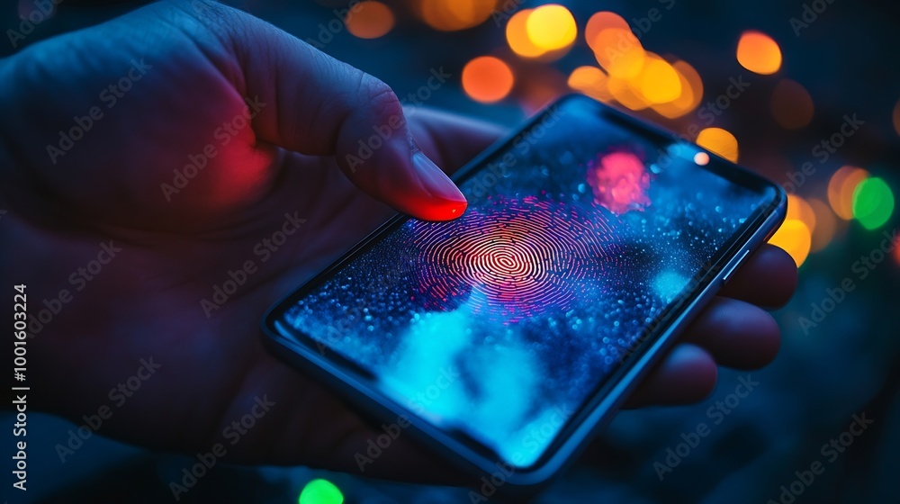 Poster Power of Biometric Security Networks Person unlocking their mobile phone with fingerprint : Generative AI
