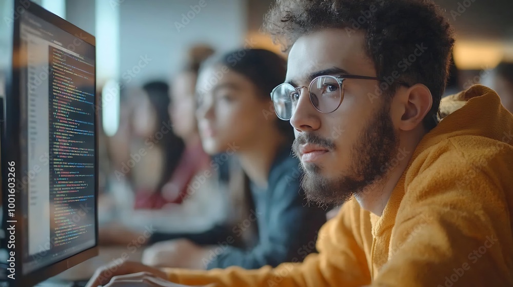 Aufkleber Teacher Giving Computer Science Lecture to Diverse Multiethnic Group of Female and Male Students in a College Room Projecting Slideshow with Programming Code Explaining Information Tec : Generative AI