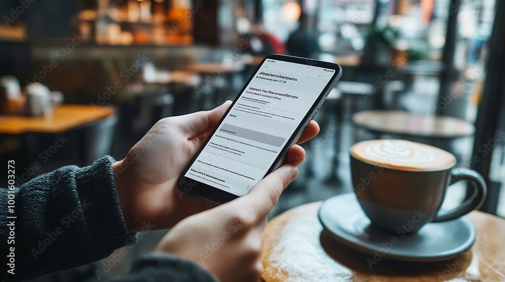 Poster hand holding smartphone with receive newsletter form screen on cafe background : generative ai