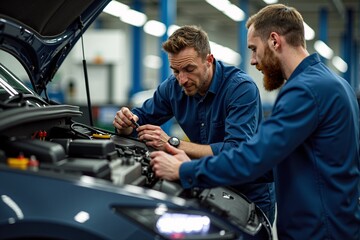 Technicians diagnosing electric car powertrain issues in a service center