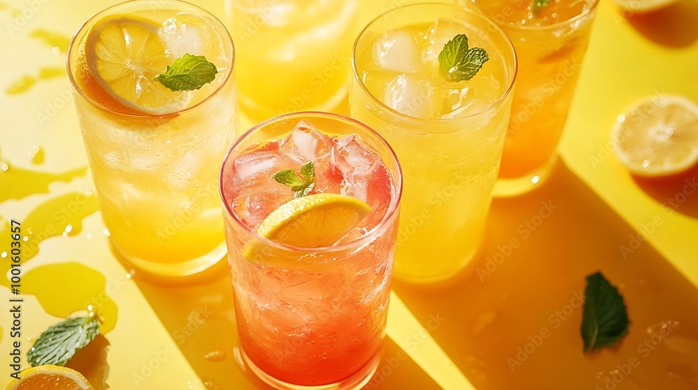 Poster takeaway glasses of summer drinks with ice top view lemonades and coctails on yellow background : ge