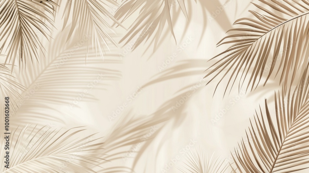 Poster minimal abstract background with palm leaves casting shadows on a solid beige backdrop, creating a s