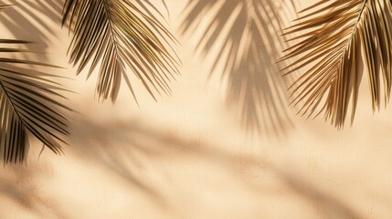 Obraz premium Golden palm leaves casting shadows on a pastel background, creating a tranquil summer vibe. Perfect for holiday projects with copy space