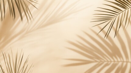 Obraz premium Palm leaves casting shadows on a light brown background, creating a tranquil tropical vibe with abstract patterns and copy space for designs