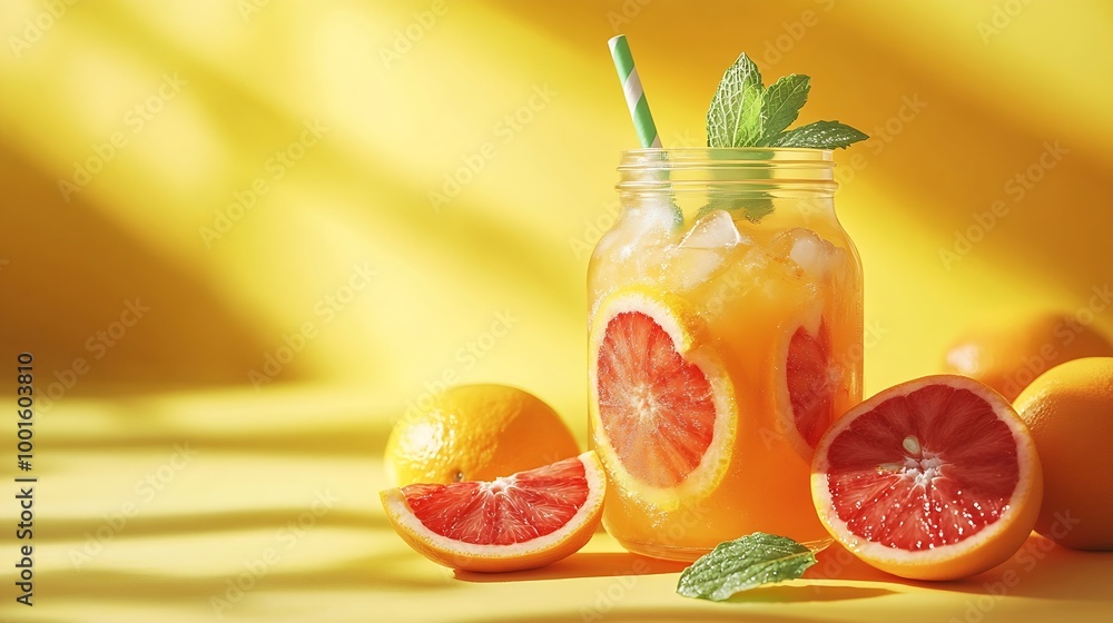 Aufkleber freshly squeezed blood orange juice with ice mint and a slice of fruit in a jar on a yellow backgrou