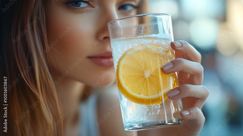 Poster woman drinking a lemonade beverage in a restaurant customer in diner sipping citrus beverage finding
