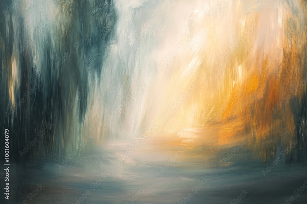 Poster golden light is shining through the trees in this abstract painting of a forest, creating a peaceful