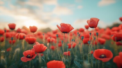 Field of red poppies Closeup of poppies Worm Eye View : Generative AI