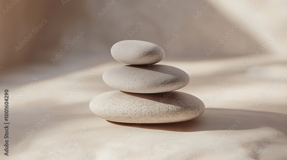 Leinwandbilder Empty stack of stones platform podium on beige background Minimal empty display product presentation scene : Generative AI