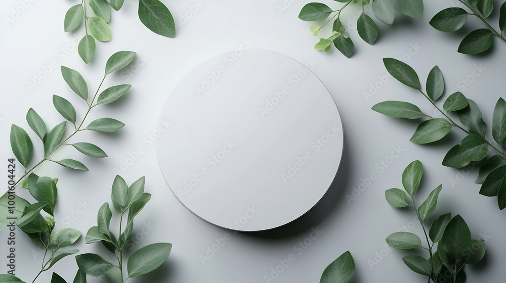 Poster empty round podium and green leaves on light grey background top view pedestal and fresh natural bra