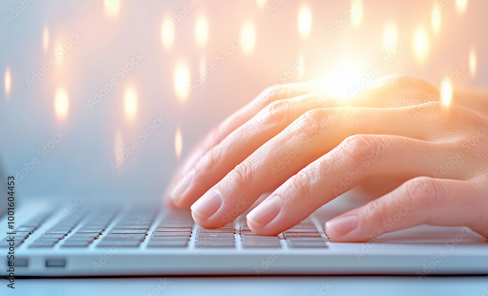 Poster a person typing on a laptop keyboard with glowing light effects in a modern workspace setting