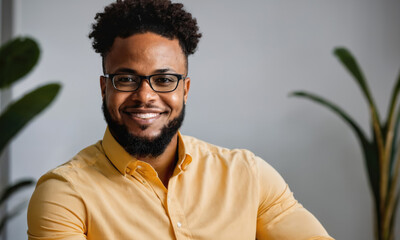 Obraz premium A man with a beard and glasses smiles at the camera, wearing a yellow button-down shirt
