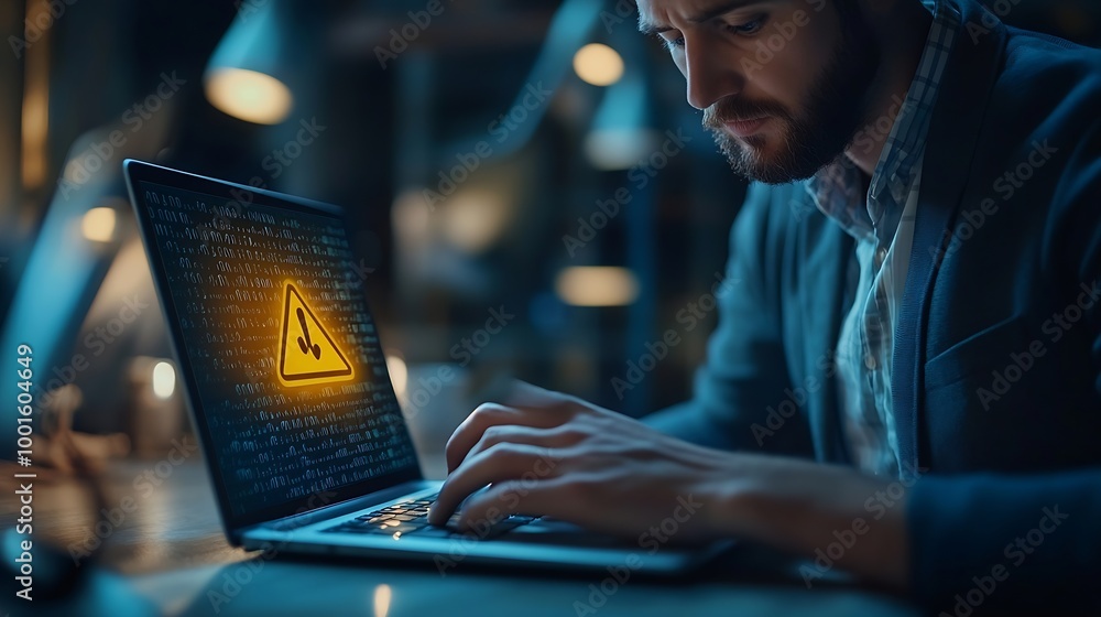 Poster businessman working on laptop computer at office with exclamation alarm caution warning notification
