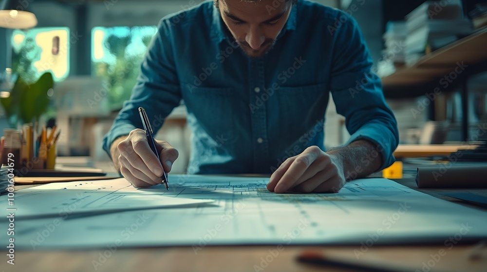 Fototapete Architect or engineer sitting at desk in office Cost calculation Construction planning structural calculation Project construction cost planning and calculation Project presentation pl : Generative AI