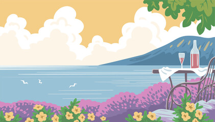 Beautiful summer landscape with the sea, flowers, a table with a bottle of wine and a glass. French resort Provence. Travel, vacation and relaxation. Vector colorful art illustration